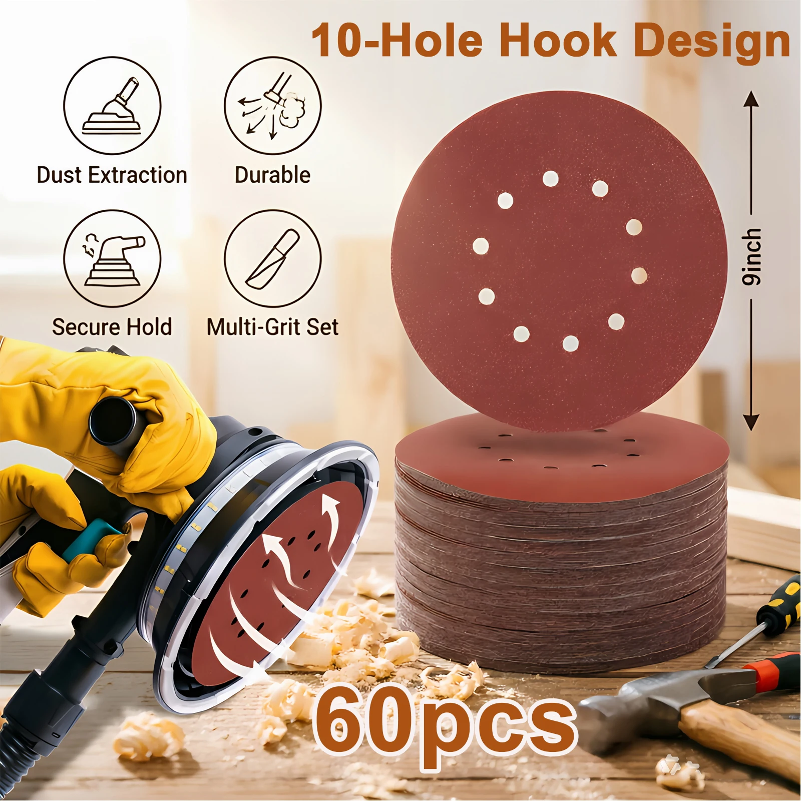 60pcs 9 Inch Sanding Discs 10 Hole Aluminum Oxide Hook and Loop Sander Pads 60 80 120 180 240 Grits Sandpaper for Hand & Power
60pcs 9 Inch Sanding Discs 10 Hole Aluminum Oxide Hook and Loop Sander Pads 60 80 120 180 240 Grits Sandpaper for Hand & Power