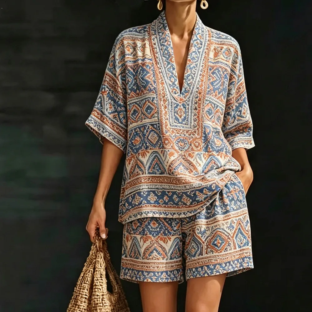Women's Bohemian Style Summer Two-Piece Set for Women Featuring Printed Loose Fit Top and Shorts Set Beach Holidays Casual Days
Women's Bohemian Style Summer Two-Piece Set for Women Featuring Printed Loose Fit Top and Shorts Set Beach Holidays Casual Days