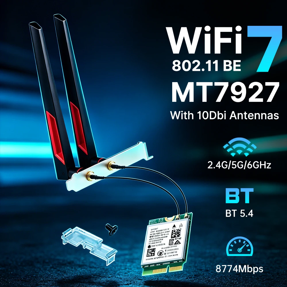 MT7927 WiFi 7 Wireless Card M.2 With Antennas Bluetooth 5.4 Tri Band 2.4G/5G/6GHz 8774Mbps Network Wireless Adapter For Win11
MT7927 WiFi 7 Wireless Card M.2 With Antennas Bluetooth 5.4 Tri Band 2.4G/5G/6GHz 8774Mbps Network Wireless Adapter For Win11