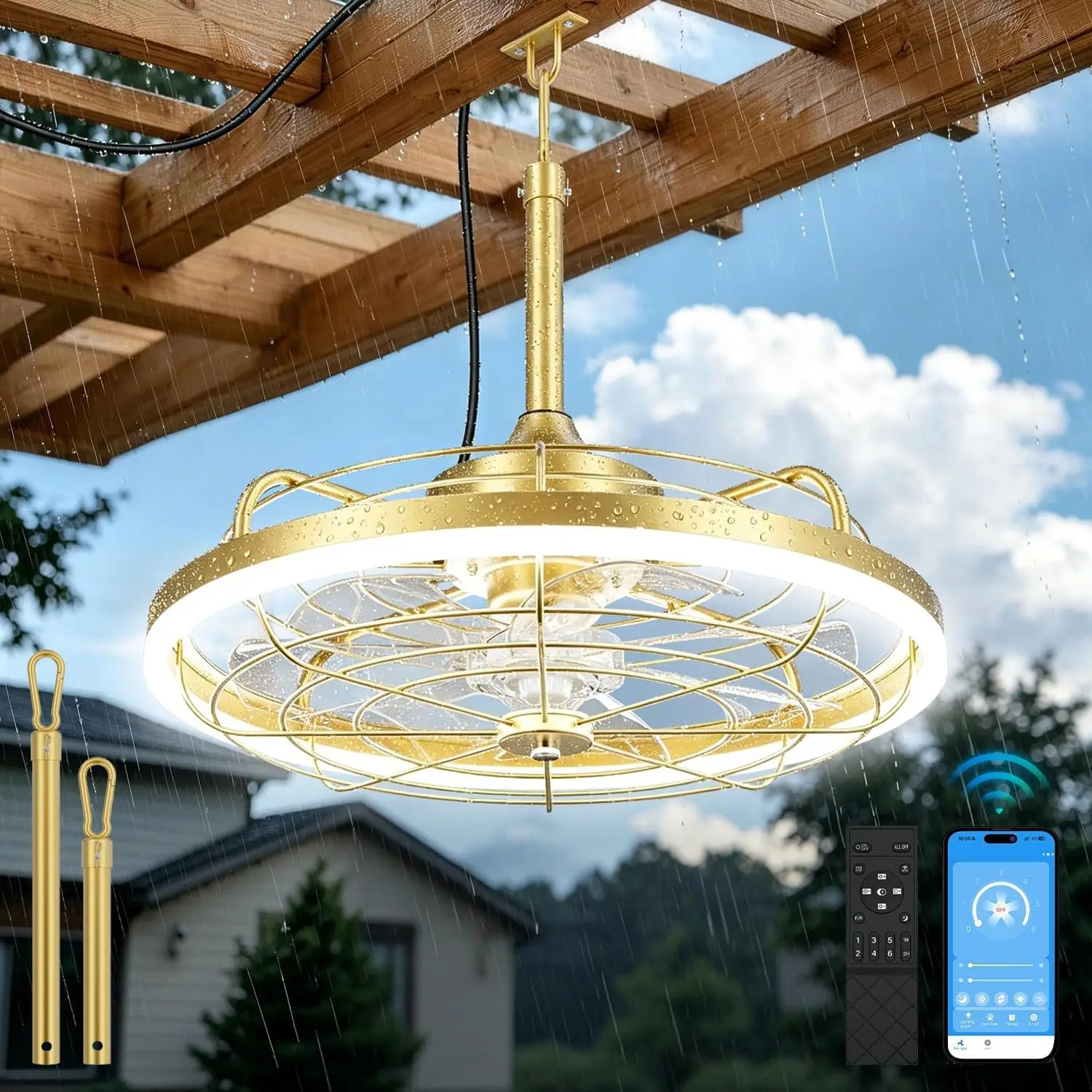 20" Plug-in Caged Ceiling Fan with Light, Waterproof Outdoor Fan for Patio Gazebo, Remote & App Control, DC Motor 6 Speeds 3CCT Dimmable, Hanging Hook Included, for Porch Pergola (Gold)
20" Plug-in Caged Ceiling Fan with Light, Waterproof Outdoor Fan for Patio Gazebo, Remote & App Control, DC Motor 6 Speeds 3CCT Dimmable, Hanging Hook Included, for Porch Pergola (Gold)