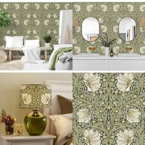 Botanical Sage Green & Yellow Peel and Stick Vintage Floral Wallpaper by William Morris, 17.3in x 32.8ft for Home & Kitchen Deco