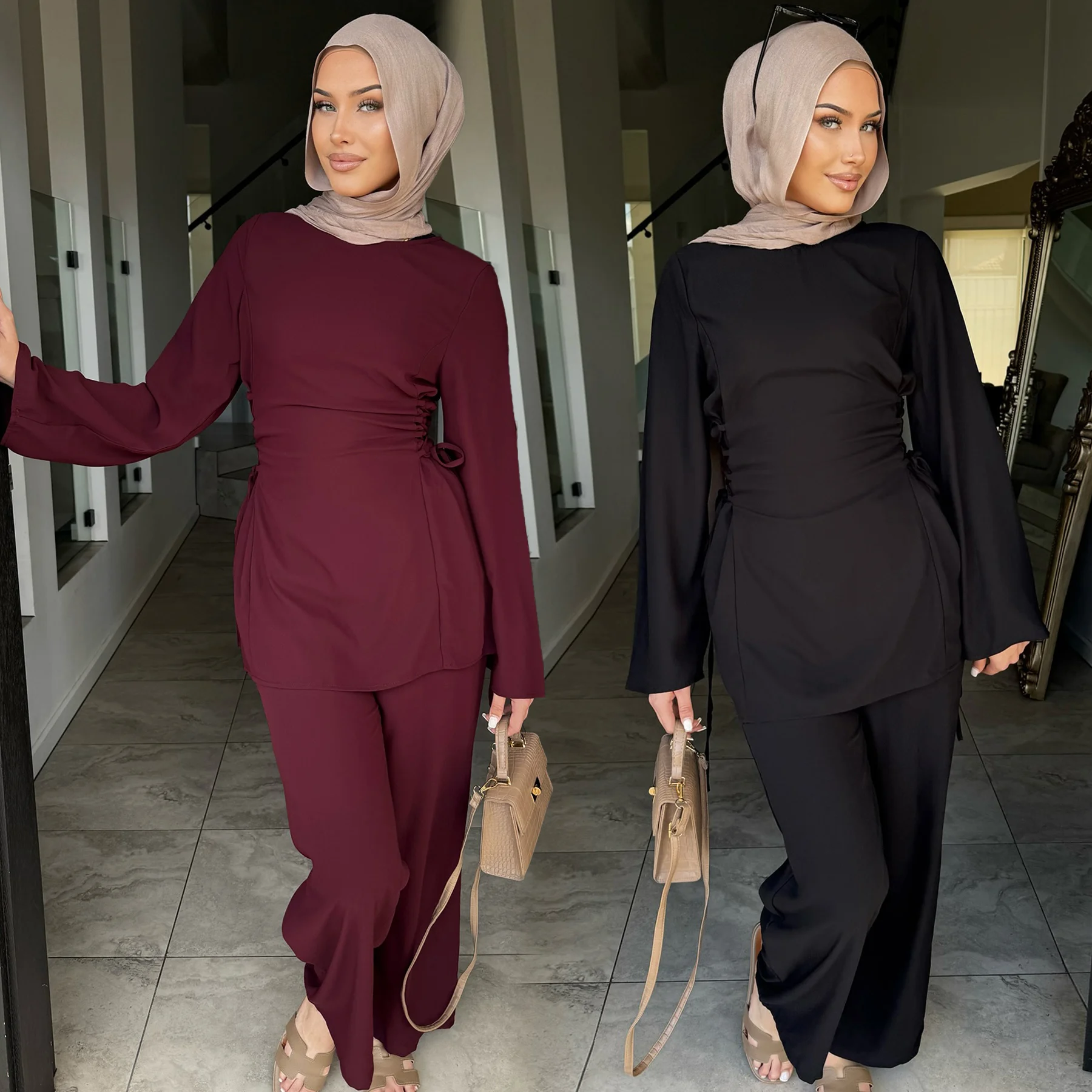 Casual Hijabi Set Long Sleeves Side Lace Up Tunic Top + Straight Legs Pants, Modest Muslim Women Suits Ramadan Islamic Clothing
Casual Hijabi Set Long Sleeves Side Lace Up Tunic Top + Straight Legs Pants, Modest Muslim Women Suits Ramadan Islamic Clothing