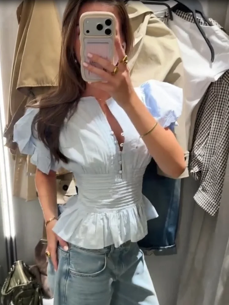 Light Blue Puff Sleeve Peplum Top Fashion Women's Cute Notch Neck Pleated Waist Babydoll Top 2026 Women's Casual Daily Tops
Light Blue Puff Sleeve Peplum Top Fashion Women's Cute Notch Neck Pleated Waist Babydoll Top 2026 Women's Casual Daily Tops