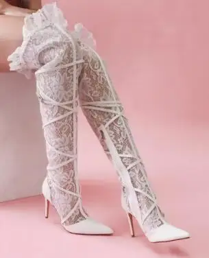 Pure White Lace Floral Cross Strap Pointed Toe Over The Knee Boots Women Eleagent Spring Stiletto Heels Long Boots Shoes Size 44
Pure White Lace Floral Cross Strap Pointed Toe Over The Knee Boots Women Eleagent Spring Stiletto Heels Long Boots Shoes Size 44