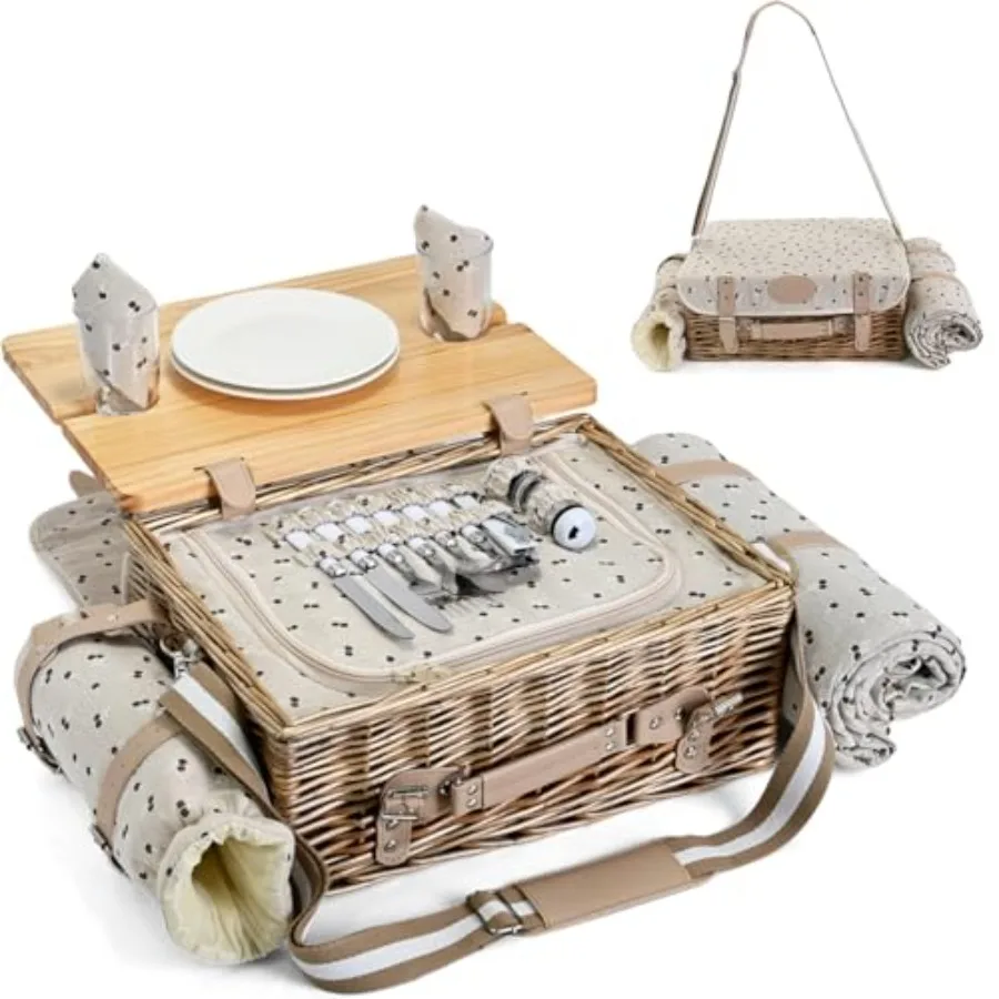 Multifunctional wicker picnic basket set for 2 with blanket and picnic table, insulated cherry-colored outdoor set with full ta
Multifunctional wicker picnic basket set for 2 with blanket and picnic table, insulated cherry-colored outdoor set with full ta