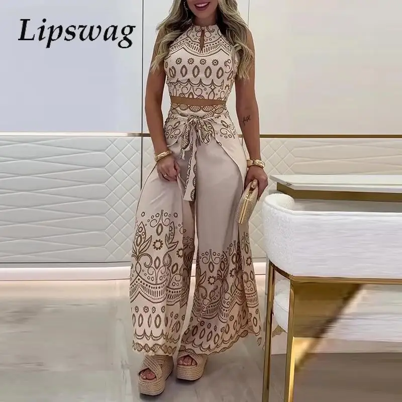 Elegant Halter Sleeveless Blouse & Lace-up Pant Set Casual Lace-up Party 2Pc Outfit Women Fashion Pattern Print Bohemian Outfits
Elegant Halter Sleeveless Blouse & Lace-up Pant Set Casual Lace-up Party 2Pc Outfit Women Fashion Pattern Print Bohemian Outfits