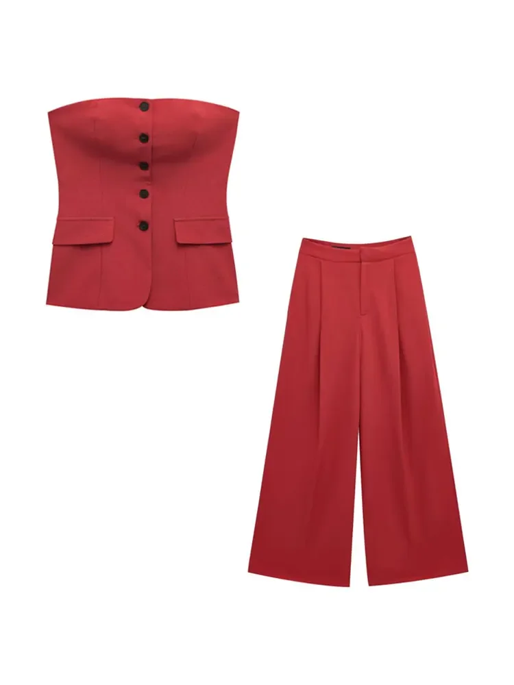 Pop TRZA Women Fashion Strapless Button Bustier Tops And High Waist Pleated Wide Leg Pants Female Two Piece Sets Mujer
Pop TRZA Women Fashion Strapless Button Bustier Tops And High Waist Pleated Wide Leg Pants Female Two Piece Sets Mujer