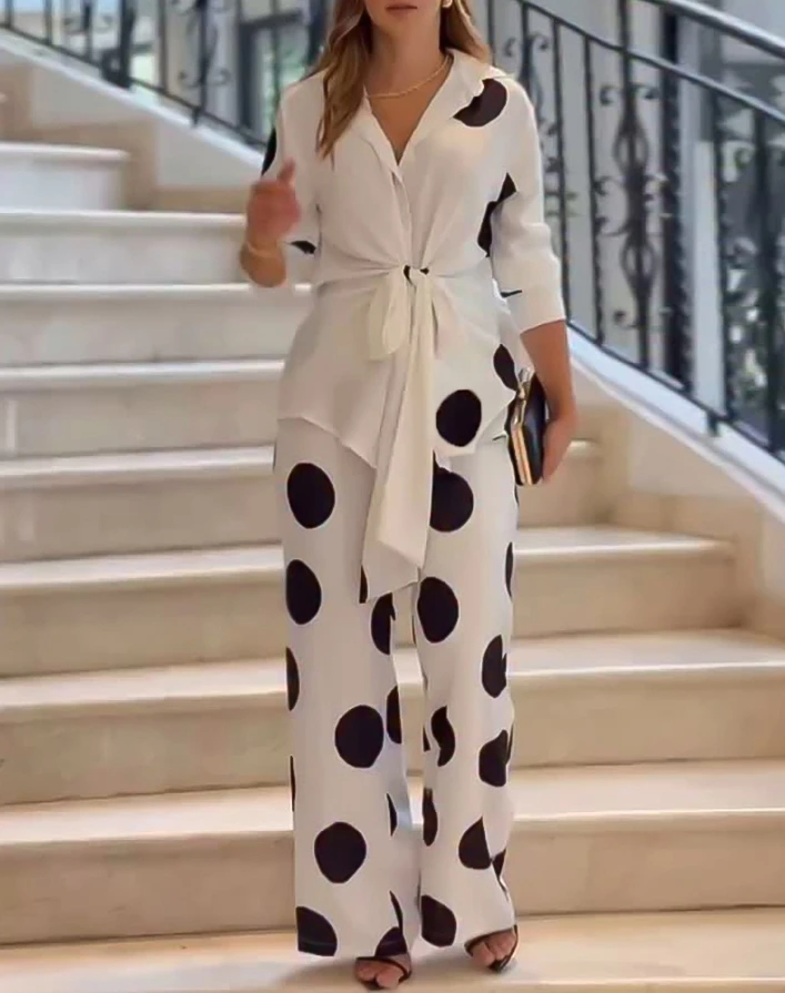 Two Piece Set Women Outfit 2025 Spring New Polka Dot Pattern Long Sleeve Waist Tied Detail Blouse & Casual Wide Leg Pants Set
Two Piece Set Women Outfit 2025 Spring New Polka Dot Pattern Long Sleeve Waist Tied Detail Blouse & Casual Wide Leg Pants Set