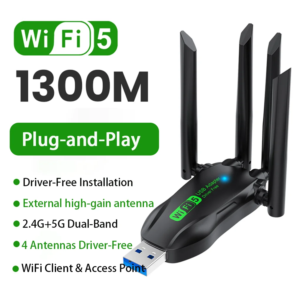 1300Mbps WiFi USB Adapter Dual Band 2.4G/5Ghz Wi-Fi Dongle 4 Antenna 802.11ac Wireless Card Receiver For PC/Laptop Driver Free
1300Mbps WiFi USB Adapter Dual Band 2.4G/5Ghz Wi-Fi Dongle 4 Antenna 802.11ac Wireless Card Receiver For PC/Laptop Driver Free