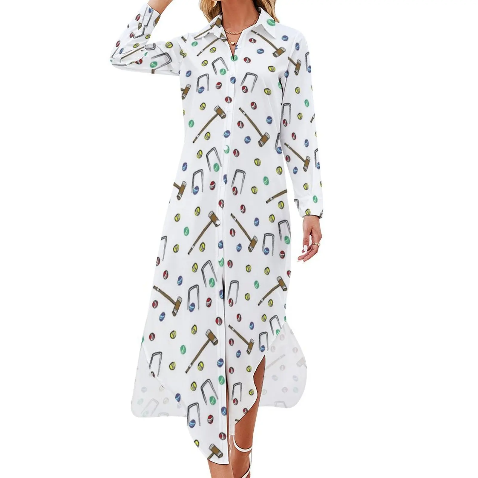 Croquet Pattern Cute Wickets, Mallets, and Croquet Balls Long Sleeved Shirt Dress Party dresses chic and elegant woman dress
Croquet Pattern Cute Wickets, Mallets, and Croquet Balls Long Sleeved Shirt Dress Party dresses chic and elegant woman dress