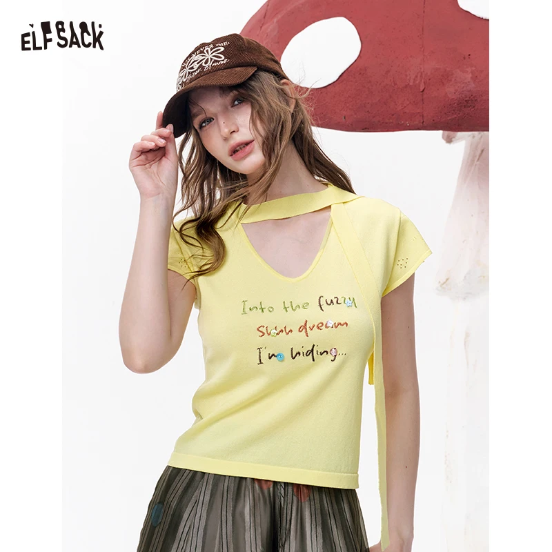 ELFSACK "Into the Fuzzy" Text Print Baby Tee, Cutout Neck Slim Fit Knit Top, Y2K Casual Yellow T-Shirt
ELFSACK "Into the Fuzzy" Text Print Baby Tee, Cutout Neck Slim Fit Knit Top, Y2K Casual Yellow T-Shirt
