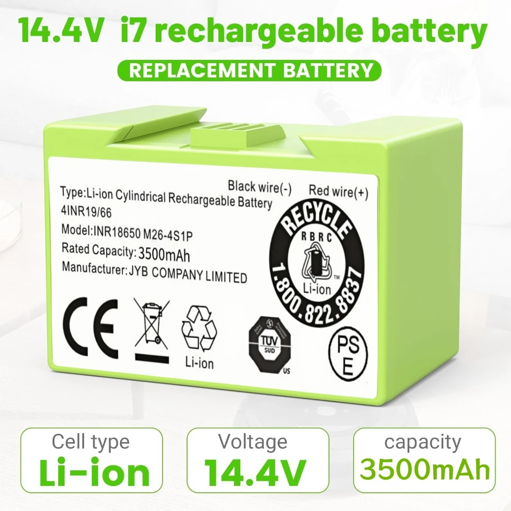 14.4V 3500mAh Lithium Ion Battery for Roomba i7/i3/i4/e5 Series - Replacement Power for i7+/i4+/i3+/e6 & 7150/7550 Models.
14.4V 3500mAh Lithium Ion Battery for Roomba i7/i3/i4/e5 Series - Replacement Power for i7+/i4+/i3+/e6 & 7150/7550 Models.