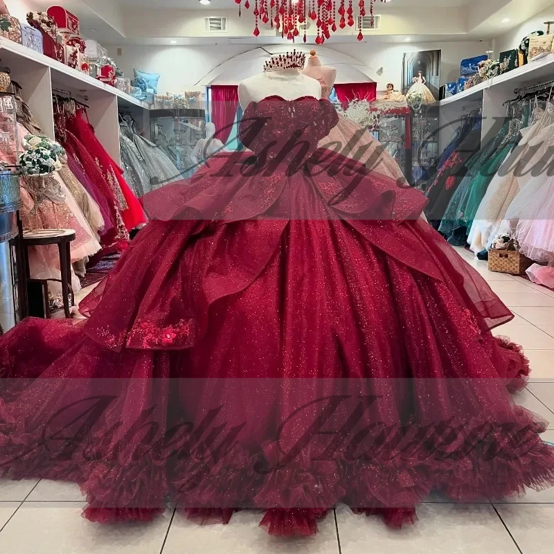 Customized Luxury Wine Red Women Prom Birthday Party Dress Flower Applique Bow Tiered Big Puffy Sweep Train Sweet 16 Quinceanera
Customized Luxury Wine Red Women Prom Birthday Party Dress Flower Applique Bow Tiered Big Puffy Sweep Train Sweet 16 Quinceanera