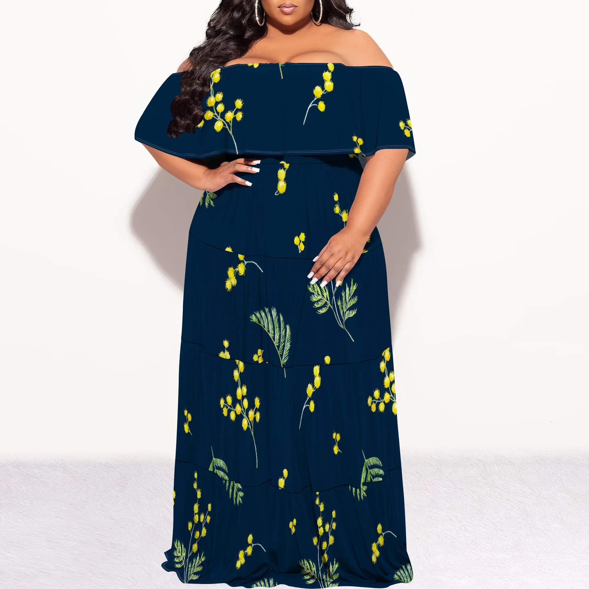Plus Size Off Shoulder Navy Yellow Floral Print Maxi Dress for Women, Elegant Summer Ruffle Long Dress
Plus Size Off Shoulder Navy Yellow Floral Print Maxi Dress for Women, Elegant Summer Ruffle Long Dress