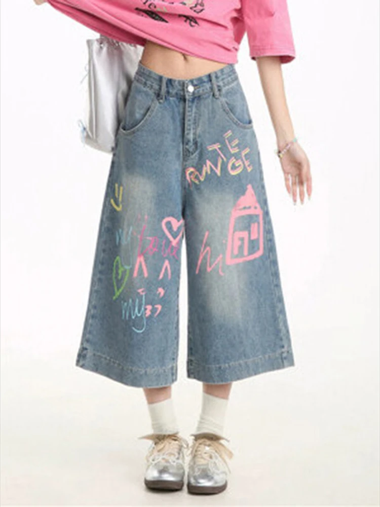 Women Summer American Style Wide Leg Graffiti Denim Cropped Pants Women High Street Spicy Girl Loose Casual Pants
Women Summer American Style Wide Leg Graffiti Denim Cropped Pants Women High Street Spicy Girl Loose Casual Pants