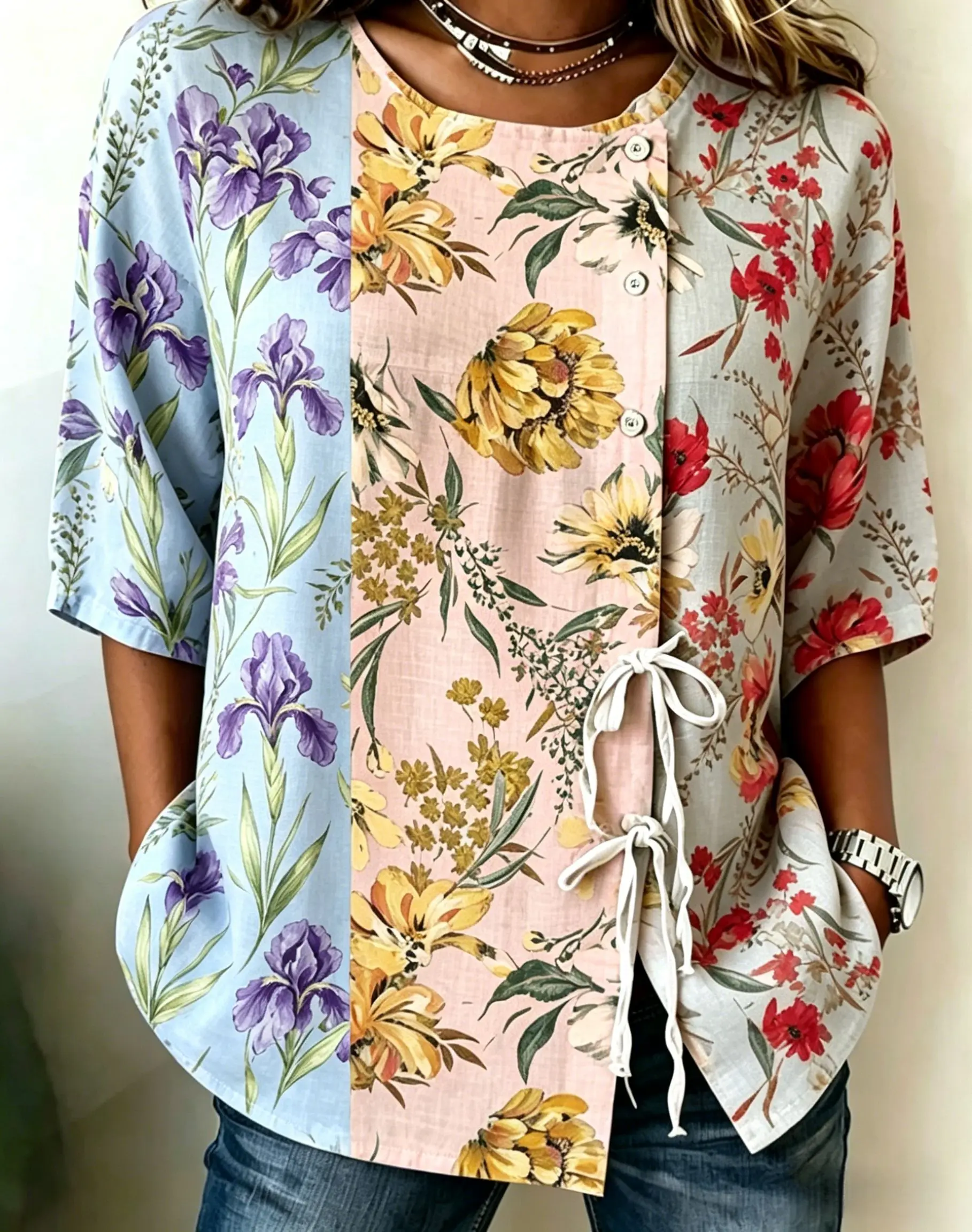 Women's Color Block Floral Print Drawstring Button Up Blouse, Casual Round Neck Tops for Spring Summer Daily Vacation Wear
Women's Color Block Floral Print Drawstring Button Up Blouse, Casual Round Neck Tops for Spring Summer Daily Vacation Wear