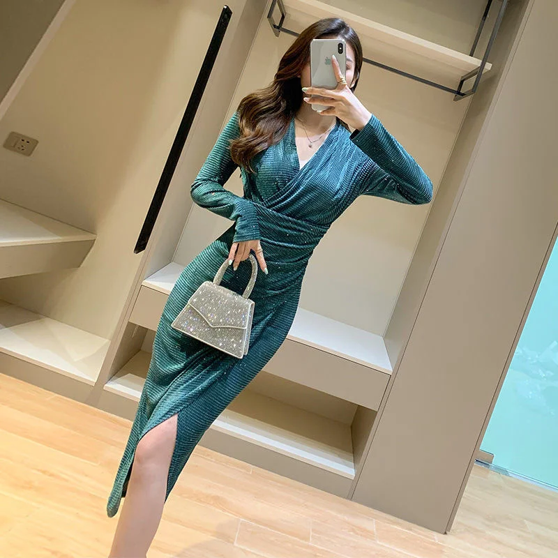 High Velvet New Slim V-neck Waist Covering Split Hip Wrap Skirt Casual es Vestidos Para Mujer Women Dress
High Velvet New Slim V-neck Waist Covering Split Hip Wrap Skirt Casual es Vestidos Para Mujer Women Dress