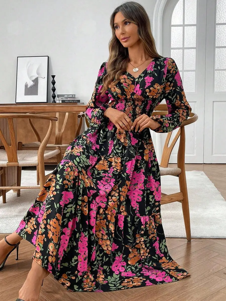 Black Base Vibrant Pink Orange Floral V-Neck Long Sleeve Tiered Maxi Dress For Women Casual Autumn Winter Party Outfit
Black Base Vibrant Pink Orange Floral V-Neck Long Sleeve Tiered Maxi Dress For Women Casual Autumn Winter Party Outfit