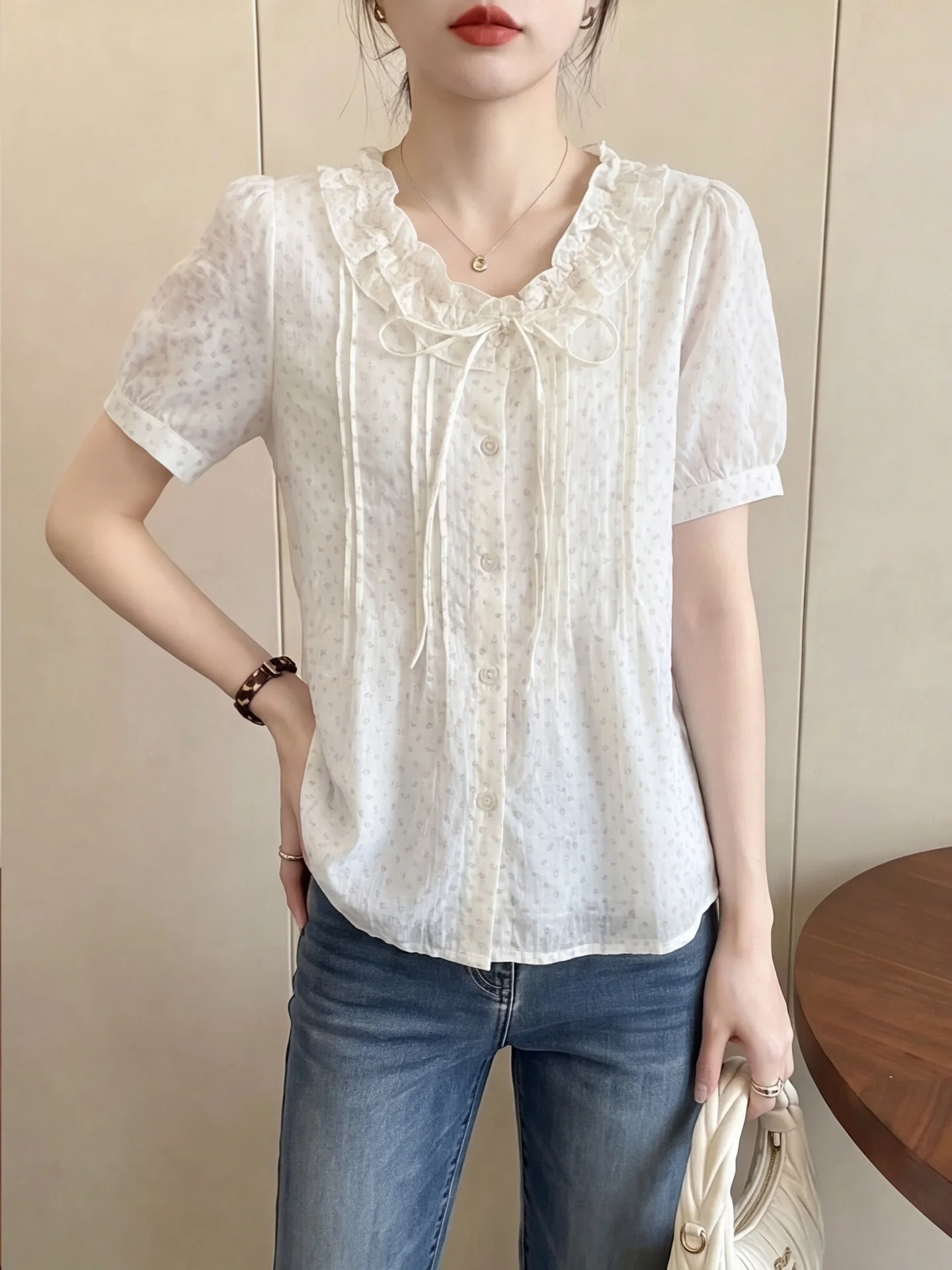 Summer Floral Lace-Up Short Sleeve Shirt Women's Sweet Style Age-Reducing Loose Casual Top Cotton Polyester Blend
Summer Floral Lace-Up Short Sleeve Shirt Women's Sweet Style Age-Reducing Loose Casual Top Cotton Polyester Blend