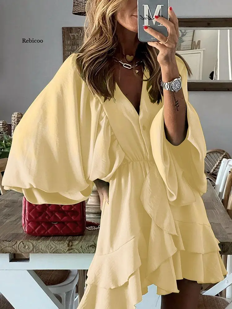Sexy Solid Double Ruffle A-Line Party Dress Women Spring Deep V Neck Button Office Dress Summer Puff Sleeve Casual Beach Dresses
Sexy Solid Double Ruffle A-Line Party Dress Women Spring Deep V Neck Button Office Dress Summer Puff Sleeve Casual Beach Dresses