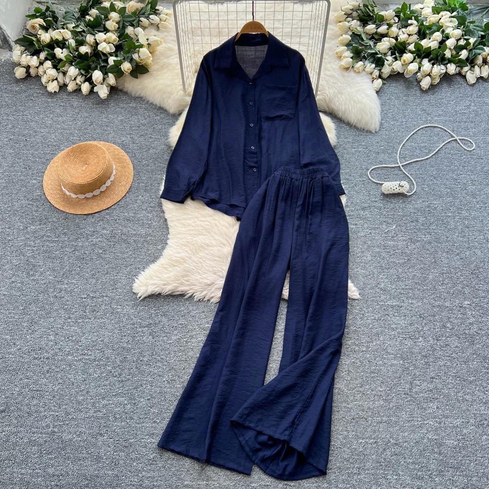 Two Pieces Women Pant Sets Solid Matching Sets Pocket Buttons Shirt Empire Waist Elastic Wide Leg Pants Loose Casual 2025 Autumn
Two Pieces Women Pant Sets Solid Matching Sets Pocket Buttons Shirt Empire Waist Elastic Wide Leg Pants Loose Casual 2025 Autumn