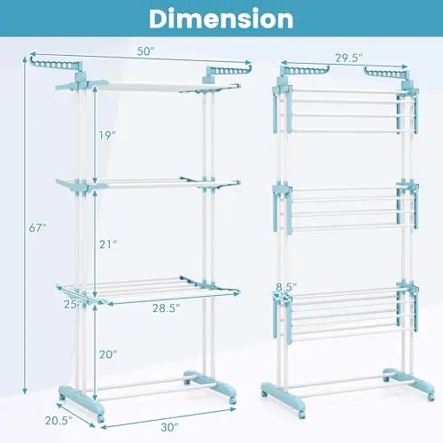 Four-Tier Adjustable Laundry Drying Stand With Rotating Side Arms, Foldable Shelves, And Mobile Casters For Indoor Outdoor Use
Four-Tier Adjustable Laundry Drying Stand With Rotating Side Arms, Foldable Shelves, And Mobile Casters For Indoor Outdoor Use