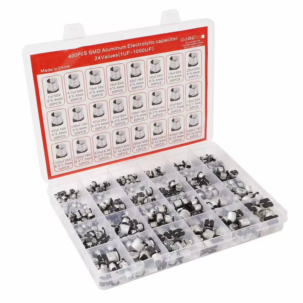 400pcs Assorted SMD Aluminum Electrolytic Capacitors, 24 Kinds Cap Value 1uF to 1000uF Component Storage Box Set
400pcs Assorted SMD Aluminum Electrolytic Capacitors, 24 Kinds Cap Value 1uF to 1000uF Component Storage Box Set