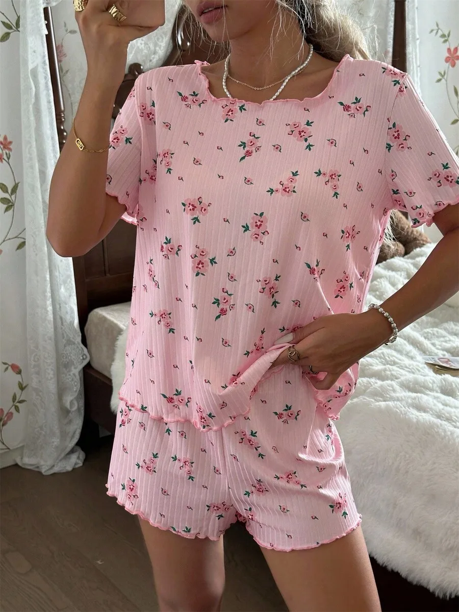 Floral Rib Knit Loose Short Sleeve Pajama Set For Women
Floral Rib Knit Loose Short Sleeve Pajama Set For Women