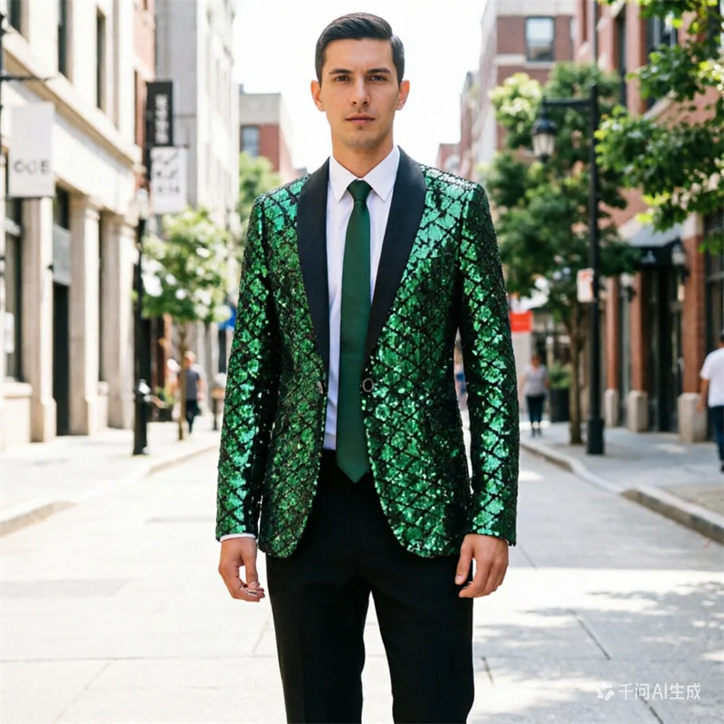 Зеленый мужской пиджак с пайетками, не требующий глажки, для сценических выступлений, праздничный блестящий пиджак с декоративными пайетками, европейские размеры, S-XXL
Зеленый мужской пиджак с пайетками, не требующий глажки, для сценических выступлений, праздничный блестящий пиджак с декоративными пайетками, европейские размеры, S-XXL
