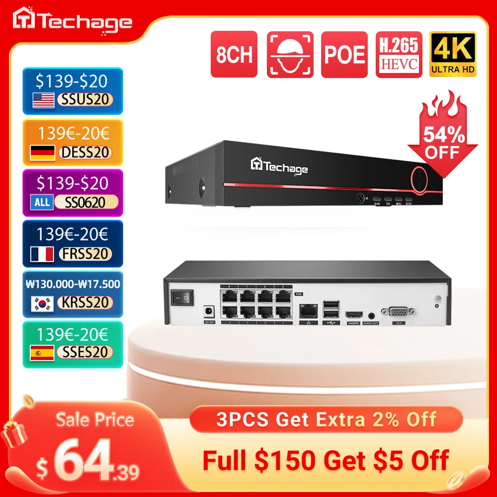 Techage 8CH H.265 4K/8MP/5MP POE NVR CCTV Security Surveillance System for POE IP Camera Network Camera VCR Support Max 14TB
Techage 8CH H.265 4K/8MP/5MP POE NVR CCTV Security Surveillance System for POE IP Camera Network Camera VCR Support Max 14TB