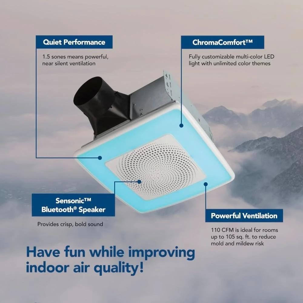 Вытяжной вентилятор для ванной комнаты с Bluetooth-колонкой, 110 CFM, LED-подсветка, 24 цвета, настенный выключатель
Вытяжной вентилятор для ванной комнаты с Bluetooth-колонкой, 110 CFM, LED-подсветка, 24 цвета, настенный выключатель