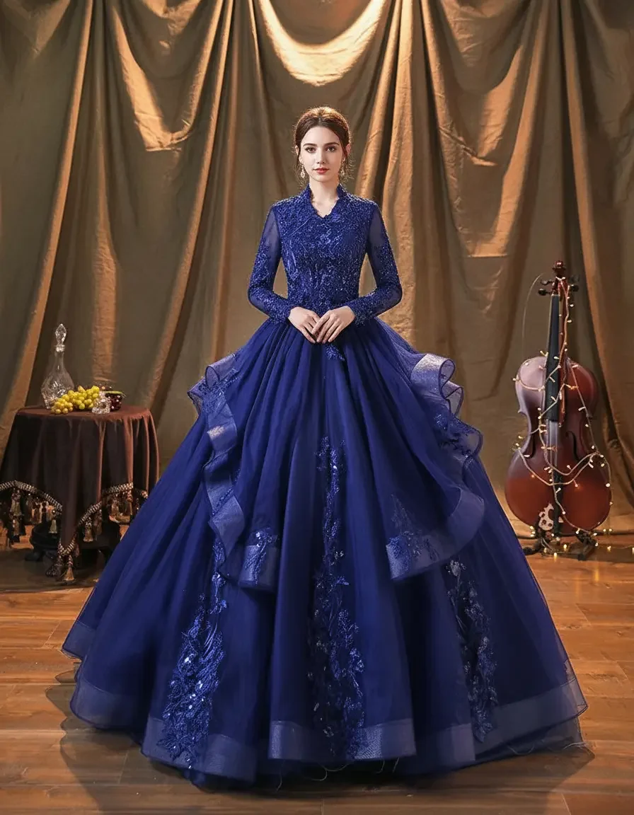 Blue Long Sleeve V Neck Lace Beaded Ruffle Tulle Ball Gown Back Lace Up Quinceanera Wedding Evening Prom Dress Free Petticoat
Blue Long Sleeve V Neck Lace Beaded Ruffle Tulle Ball Gown Back Lace Up Quinceanera Wedding Evening Prom Dress Free Petticoat