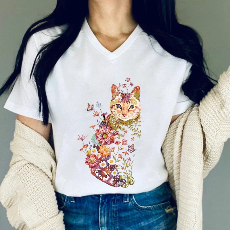 Cat Plant Flower T-shirts Lovely Women Clothes V-neck Fashion Short Sleeves Animals Lover Print Female Top Graphic Tee T-shirt
Cat Plant Flower T-shirts Lovely Women Clothes V-neck Fashion Short Sleeves Animals Lover Print Female Top Graphic Tee T-shirt