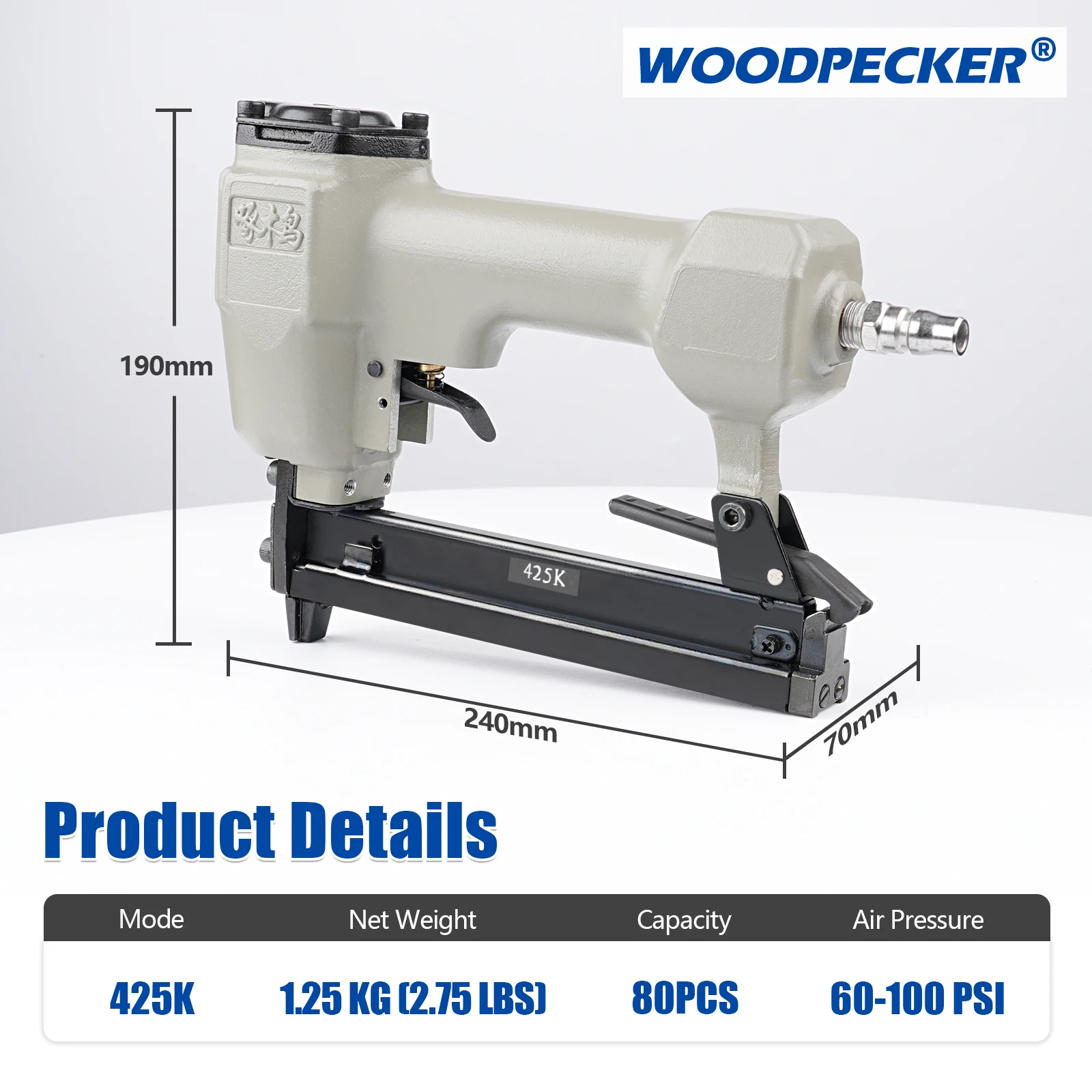 WOODPECKER 425K 5.6mm Crown Fine Wire Tool,16-25mm Leg Length Air Upholstery Staple Gun for Furniture Upholstering
WOODPECKER 425K 5.6mm Crown Fine Wire Tool,16-25mm Leg Length Air Upholstery Staple Gun for Furniture Upholstering