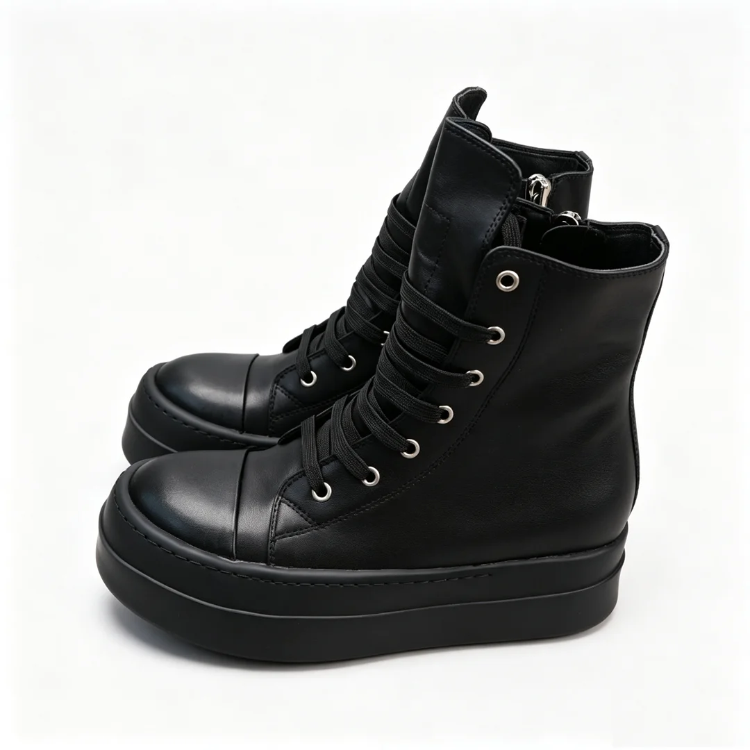 Luxury Full Black Leather High Top Sneaker Boots for Men And Women Casual Shoe Lace Up Ankle Boot with 7cm Thick Sole Flat Shoes
Luxury Full Black Leather High Top Sneaker Boots for Men And Women Casual Shoe Lace Up Ankle Boot with 7cm Thick Sole Flat Shoes