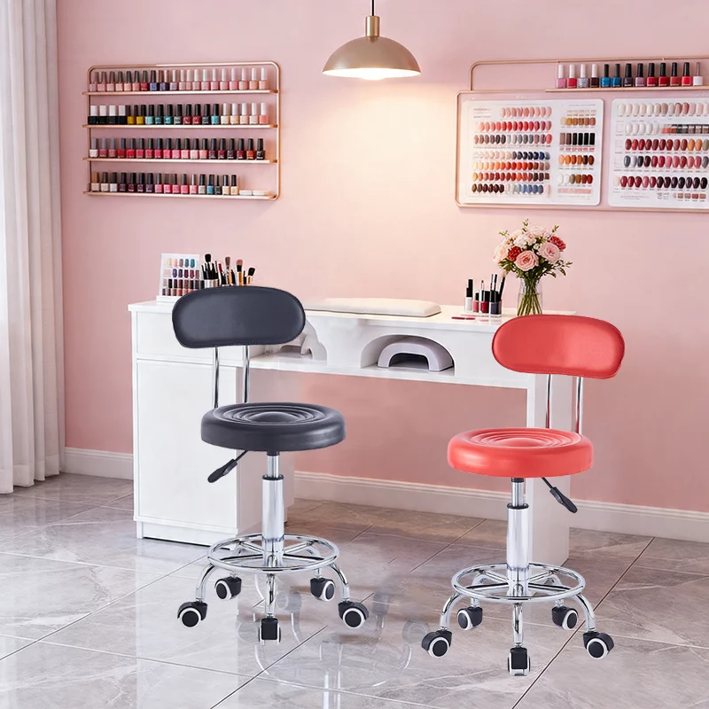 A hydraulic adjustable beauty salon chair with a backrest, equipped with 360-degree rotating wheels
A hydraulic adjustable beauty salon chair with a backrest, equipped with 360-degree rotating wheels