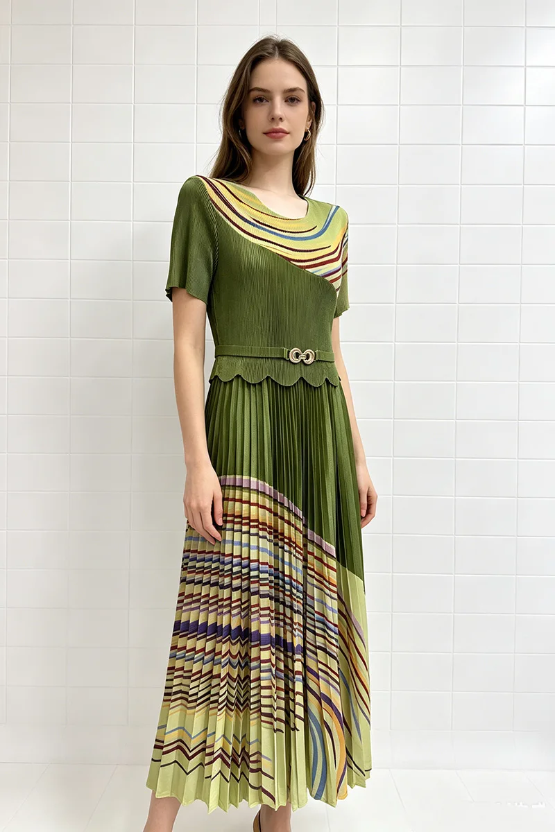 Miyake Pleats Women Dress Summer Rainbow Striped Print Short Sleeve Waistband With Buckle Slim Fit Midi Length Dress
Miyake Pleats Women Dress Summer Rainbow Striped Print Short Sleeve Waistband With Buckle Slim Fit Midi Length Dress