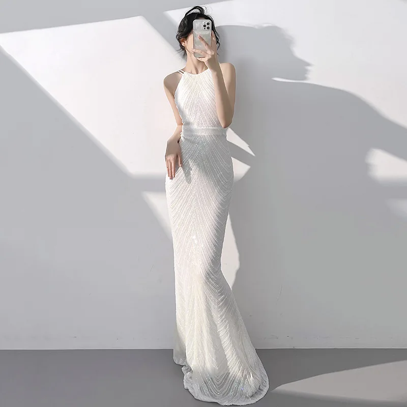 Elegant White Fish Tail Sequin Dress Women's Spring Autumn New Style Hostess Neck Hanging Gown Luxury Minimalist Evening Gown
Elegant White Fish Tail Sequin Dress Women's Spring Autumn New Style Hostess Neck Hanging Gown Luxury Minimalist Evening Gown
