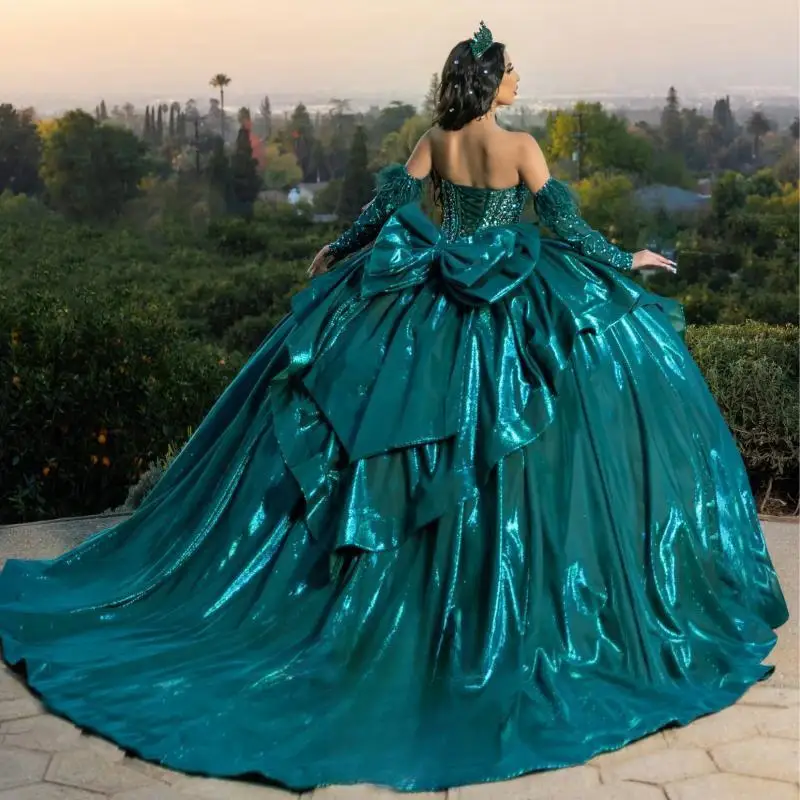 Customized Green Bling Off the Shoulder Ball Gowns Quinceanera Dress for Girls Bow Beads Full Sleeves Vestidos De Quinceanera
Customized Green Bling Off the Shoulder Ball Gowns Quinceanera Dress for Girls Bow Beads Full Sleeves Vestidos De Quinceanera