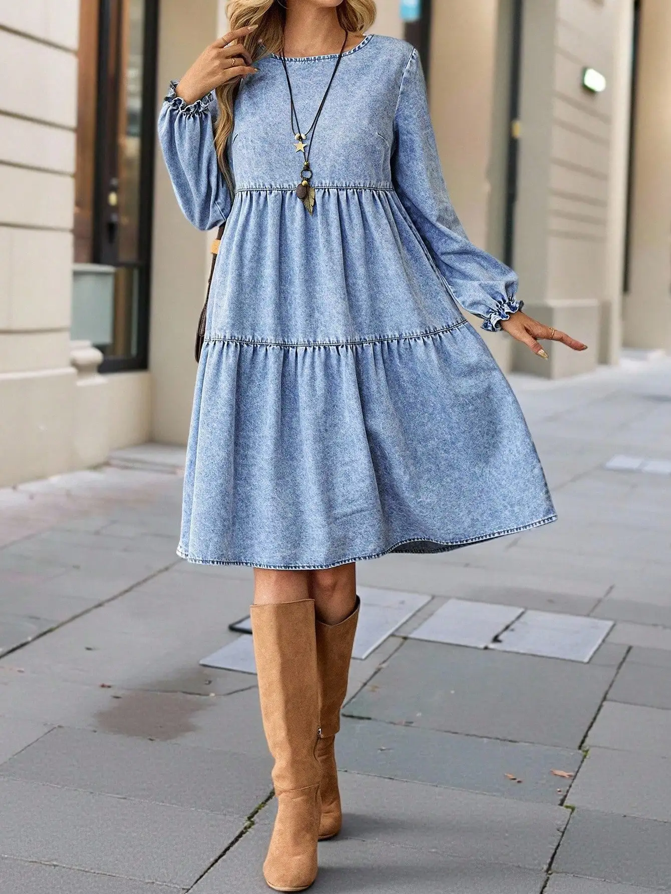 Women Denim Dress Long Sleeve Tiered Midi Dress Casual Bohemian Style
Women Denim Dress Long Sleeve Tiered Midi Dress Casual Bohemian Style