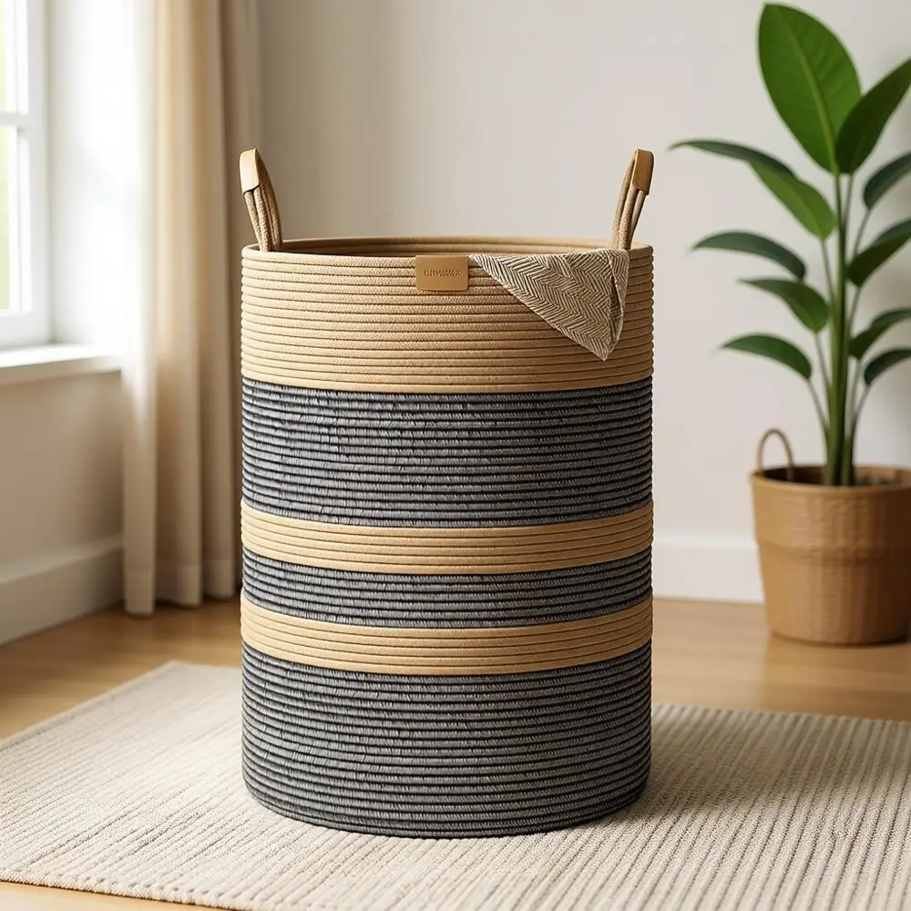 Large Striped Cotton Rope Laundry Hamper with Leather Handles for Clothes and Blankets
Large Striped Cotton Rope Laundry Hamper with Leather Handles for Clothes and Blankets
