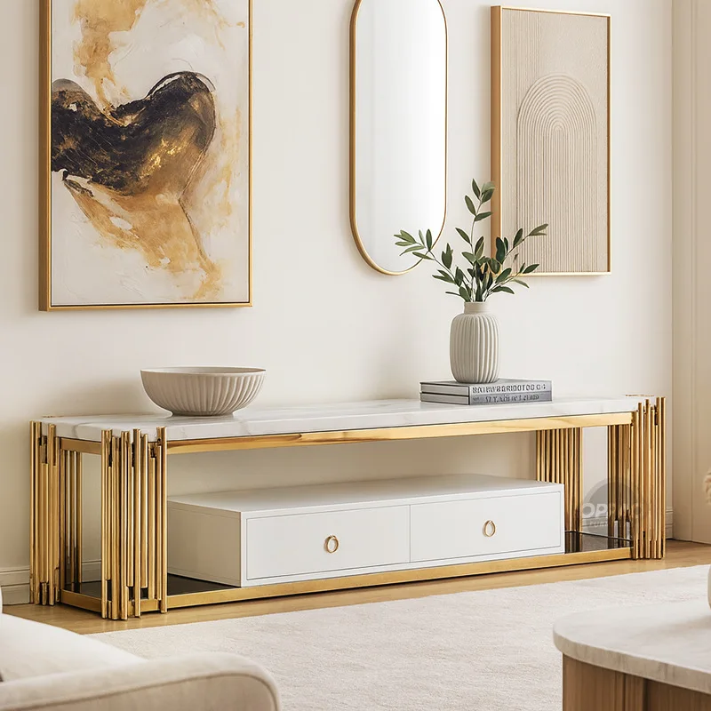 Light luxury gold stainless steel combination TV cabinet, coffee table, round corner, glass surface color custom design
Light luxury gold stainless steel combination TV cabinet, coffee table, round corner, glass surface color custom design