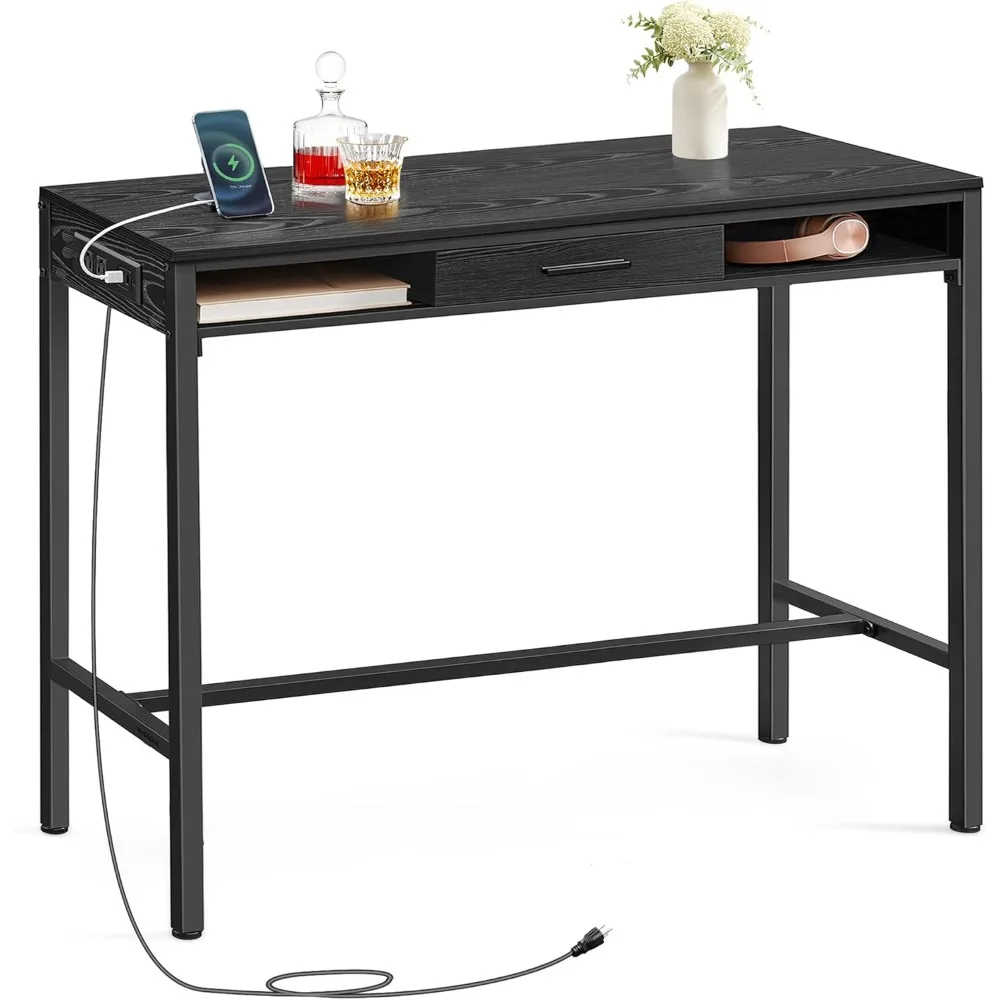 Bar Table with Power Outlets, 39.4 Inches Long Bar Height Pub Table, Rectangular High Top, with Movable Drawer, 2 Hooks 
Bar Table with Power Outlets, 39.4 Inches Long Bar Height Pub Table, Rectangular High Top, with Movable Drawer, 2 Hooks