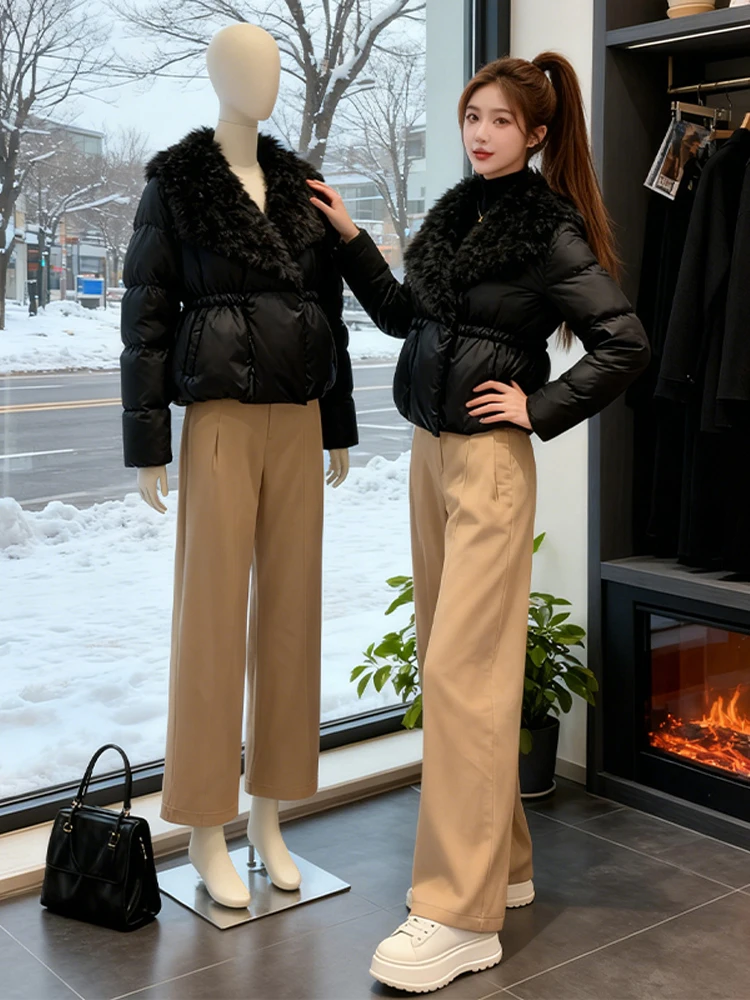 Fashionable Korean Style Women's Winter Outfit Black Cotton Jacket High Waist Wide Leg Pants Two Piece Set Casual Wear
Fashionable Korean Style Women's Winter Outfit Black Cotton Jacket High Waist Wide Leg Pants Two Piece Set Casual Wear