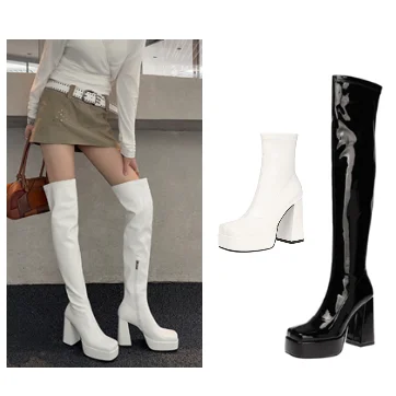 Women's Black Patent Leather Over The Knee Boots Fashionable Block Heel Platform Boots Edgy Glamorous Footwear for Party Night
Women's Black Patent Leather Over The Knee Boots Fashionable Block Heel Platform Boots Edgy Glamorous Footwear for Party Night