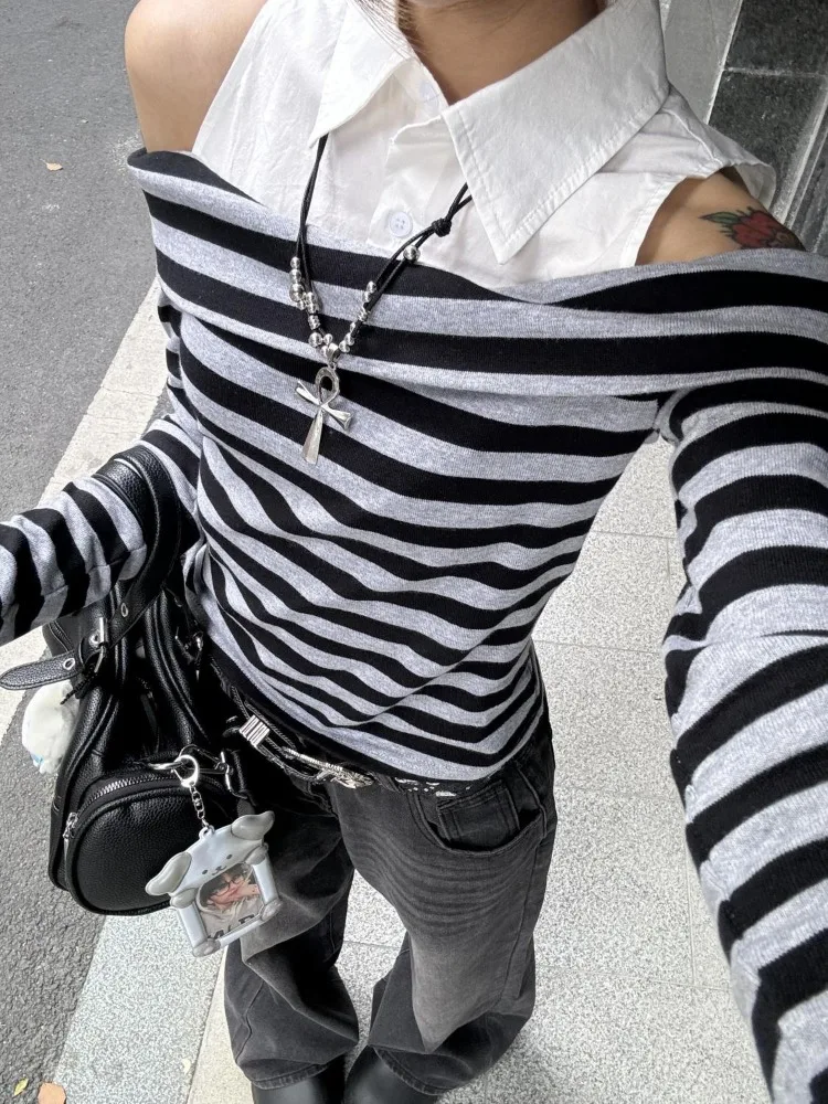 Early Autumn Fake Two Piece Striped Blouses 2025 New Lapel Neck Shirts Women Y2k Slim Fit Off Shoulder Long Sleeve Blusas Mujer
Early Autumn Fake Two Piece Striped Blouses 2025 New Lapel Neck Shirts Women Y2k Slim Fit Off Shoulder Long Sleeve Blusas Mujer