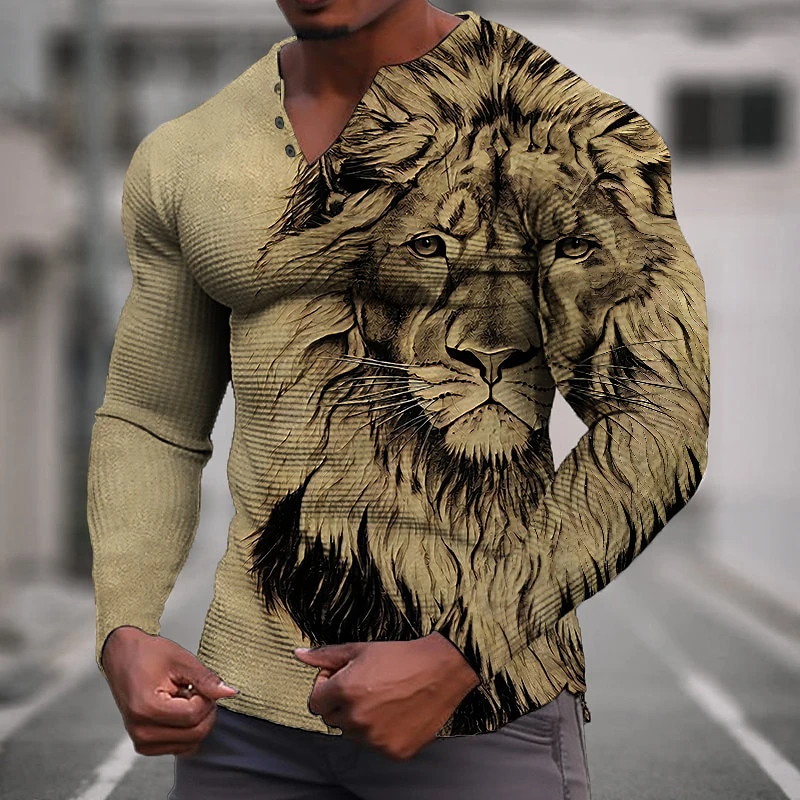 3D Animal Lion Print Henley T-Shirt For Men Outdoor Casual Long Sleeve Button Clothes Autumn Loose Breathable Fashion Casual Top
3D Animal Lion Print Henley T-Shirt For Men Outdoor Casual Long Sleeve Button Clothes Autumn Loose Breathable Fashion Casual Top