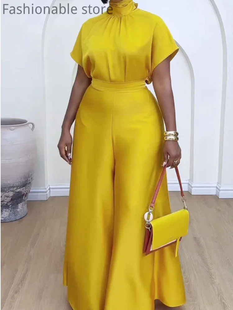 Women's Elegant Solid Color Short Sleeve Stand Collar Satin Blouse and High Waist Wide Leg Pants 2pcs Set
Women's Elegant Solid Color Short Sleeve Stand Collar Satin Blouse and High Waist Wide Leg Pants 2pcs Set