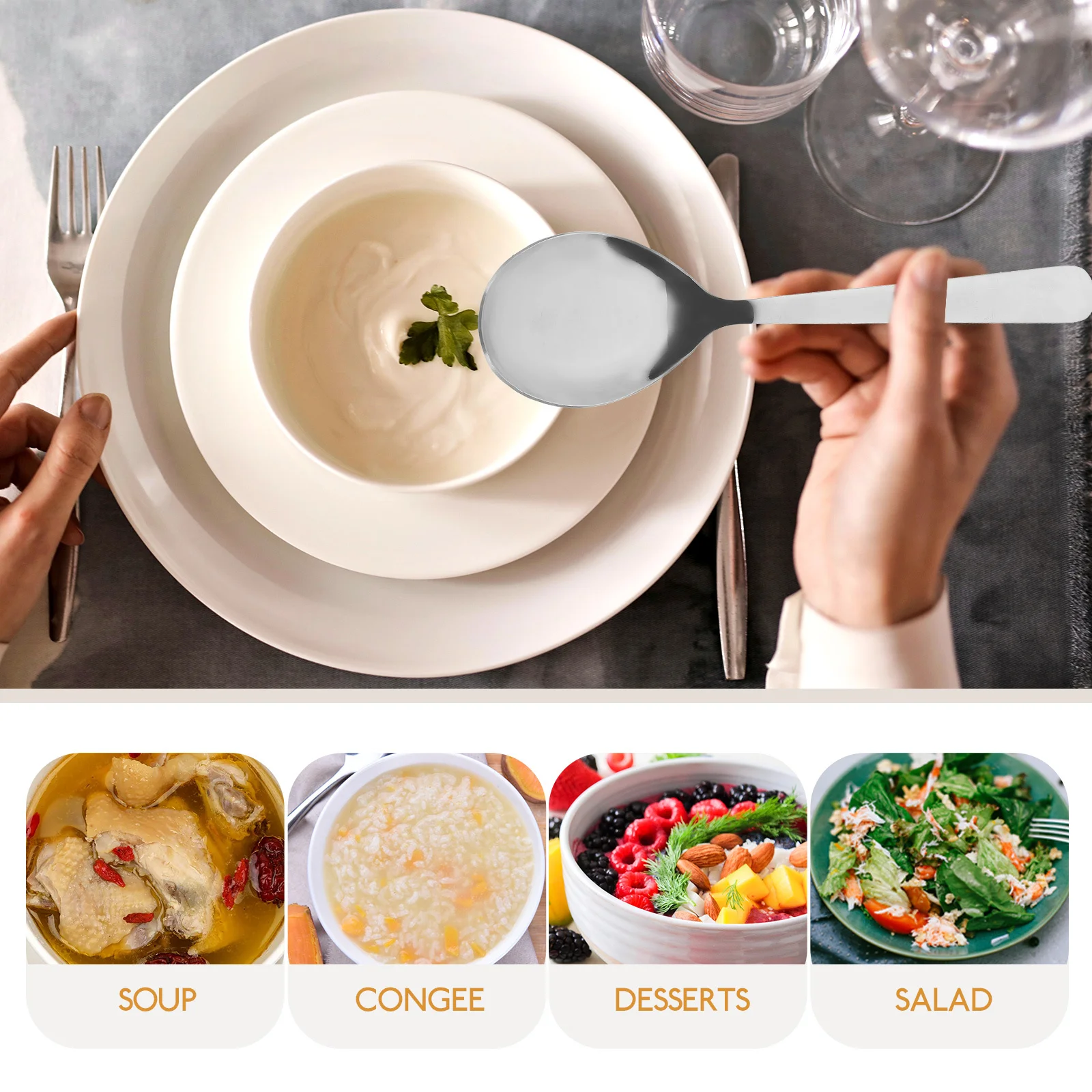 4Pcs Stainless Steel Soup Spoons Classic Polished Finish Serving Spoon for Soup Dessert Pudding Mealtime Dining Silverware
4Pcs Stainless Steel Soup Spoons Classic Polished Finish Serving Spoon for Soup Dessert Pudding Mealtime Dining Silverware