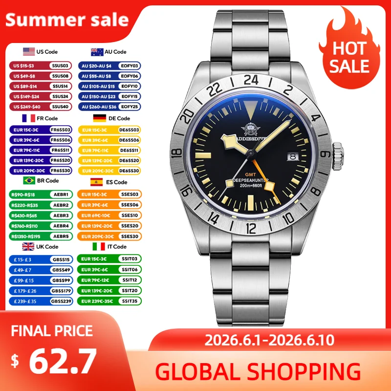 ADDIESDIVE GMT Watch 39mm Swiss Quartz Movement Dual Time Zone Men's Business Watches 200m Waterproof Retro Luminous Steel Watch
ADDIESDIVE GMT Watch 39mm Swiss Quartz Movement Dual Time Zone Men's Business Watches 200m Waterproof Retro Luminous Steel Watch